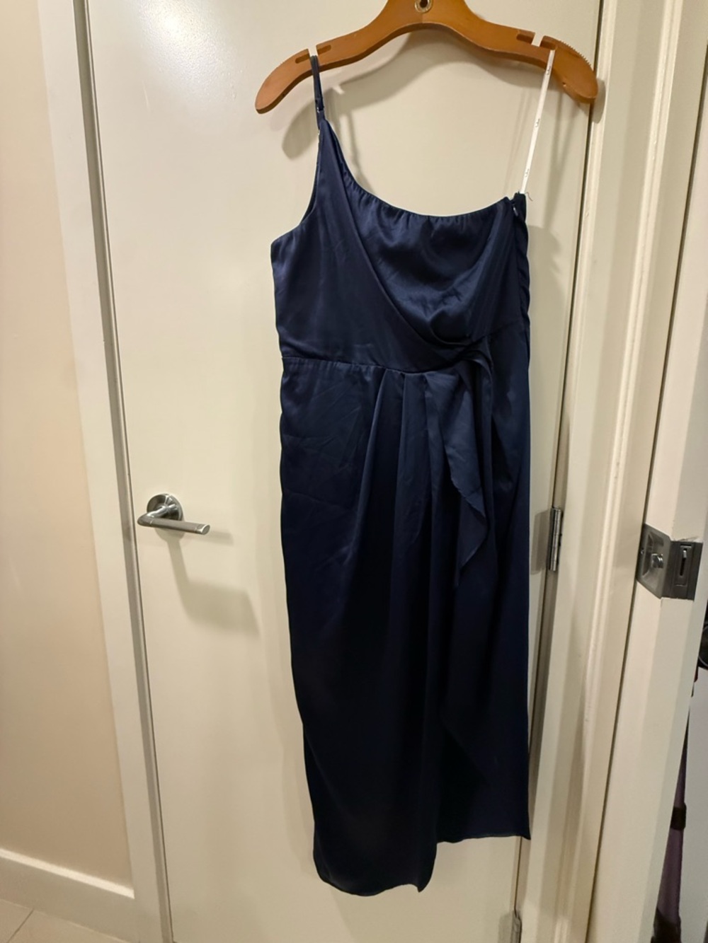 Lulu's Navy One-Shoulder Satin Midi Dress